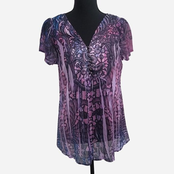 One World "Live & Let Live" Blouse | Purple & Pink | Petite Medium - Picture 1 of 5